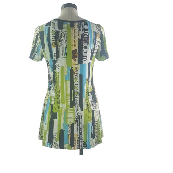 Jean Vincent Women sz S Tunic Shirt Flowy Green blue w/ graphics Made in Canada - Picture 5 of 9